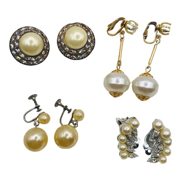 Lot Of 4 Costume Earrings Chunky Dangle Faux Pearl Rhinestones Clip Screw Back - Picture 1 of 14